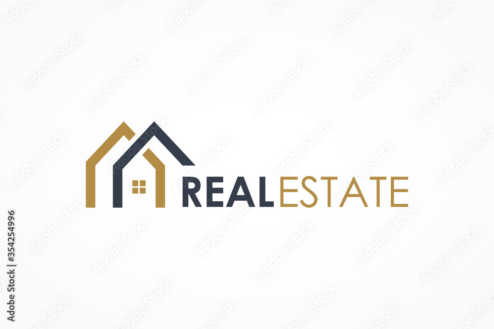 Real Estate Logo. Gold and Blue House Symbol Geometric Linear Style
