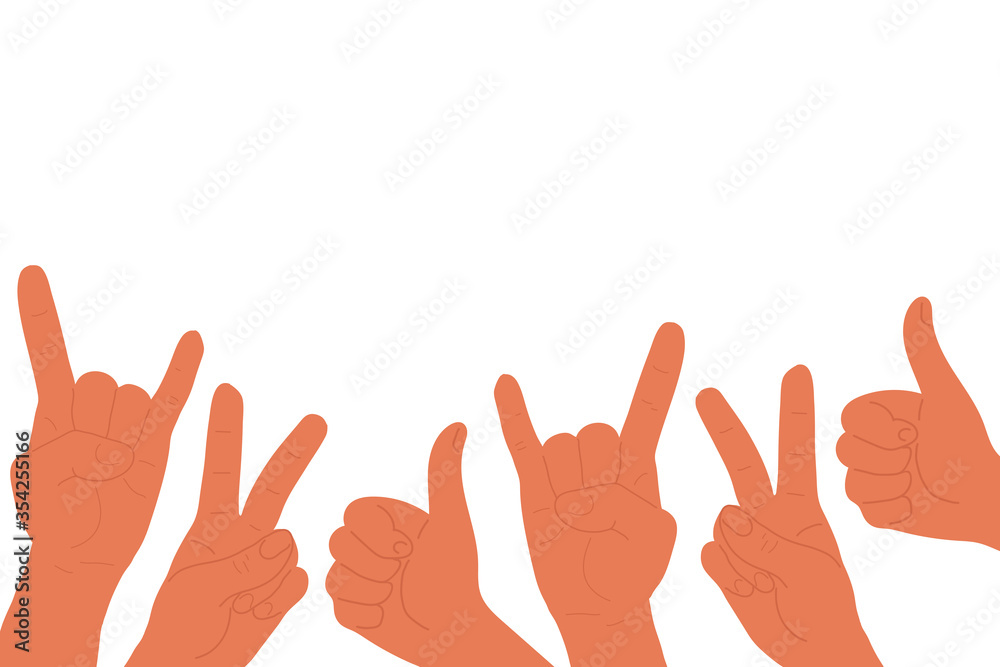 Hands with two fingers up peace victory, thumbs up and Rock roll heavy metal sign of the horns. Flat cartoon. Social network likes, approval, customers feedback concept with copy space Hands with two fingers up peace victory, thumbs up and Rock roll heavy metal sign of the horns. Flat cartoon. Social network likes, approval, customers feedback concept with copy space
