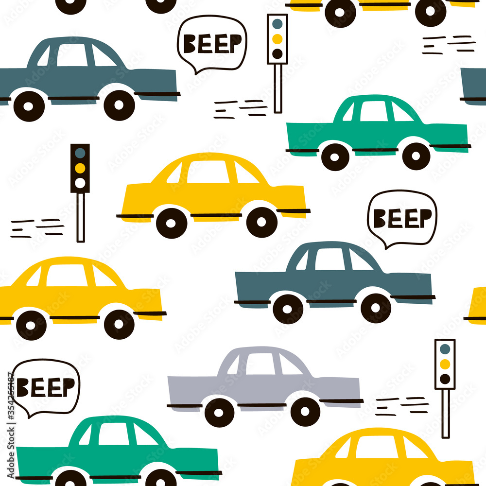 Seamless pattern with cars, traffic lights, hand drawn overlapping backdrop. Colorful background vector. Illustration with automobiles. Decorative wallpaper, good for printing