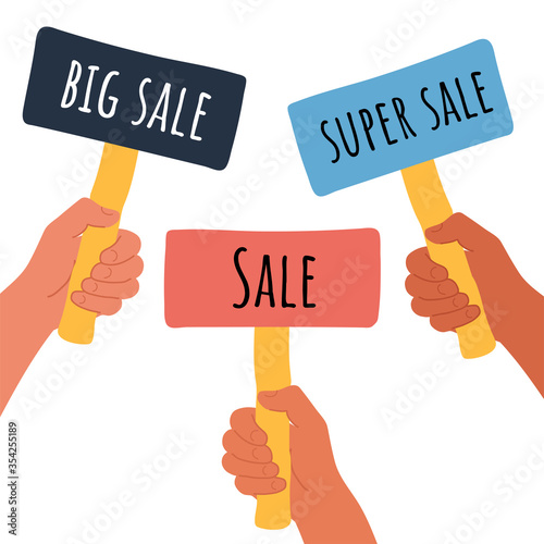 Placard Cartoon vector illustration of Sale Super and big Sale banner in human hand on white background. Test question. Choice hesitate, dispute, opposition, choice, dilemma, opponent view. 