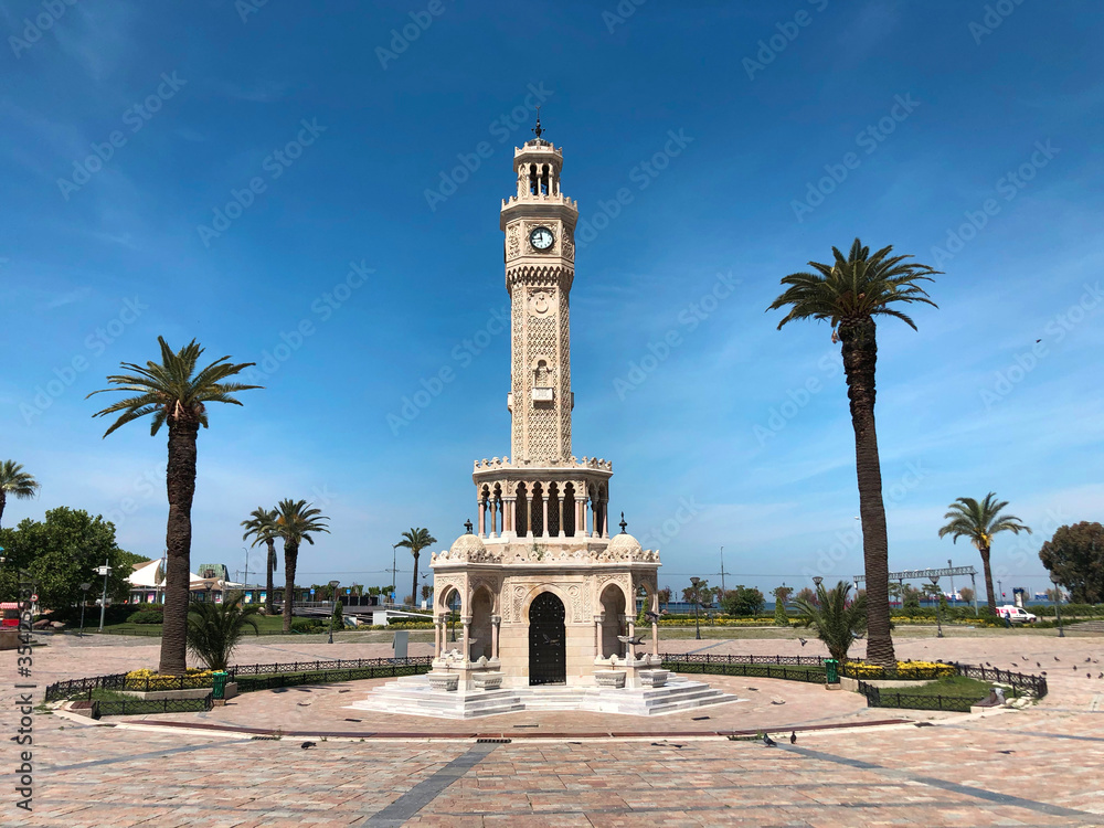 Izmir clock tower square during the lockdown of coronavirus.