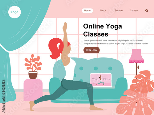 Landing page yoga lessons online. Trainer classes, Flat illustration for Web Page. Sport at home during the Corona virus (COVID-19) Epidemic