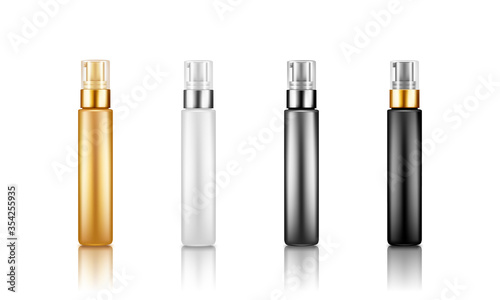 Pump spray bottle mockups: serum, bb cream. Plastic package design. Gold, silver, black, white cosmetic, skincare template with transparent cap. Set of isolated 3d realistic vector illustrations
