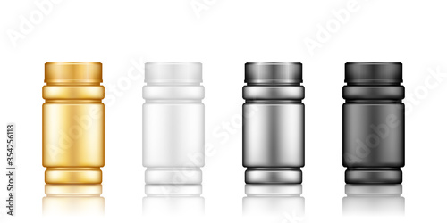 Supplement or medicine pills bottle mockup. Plastic package design. Gold, silver, black, white medicine, sport nutrition, healthcare template. Set of isolated 3d realistic vector illustrations