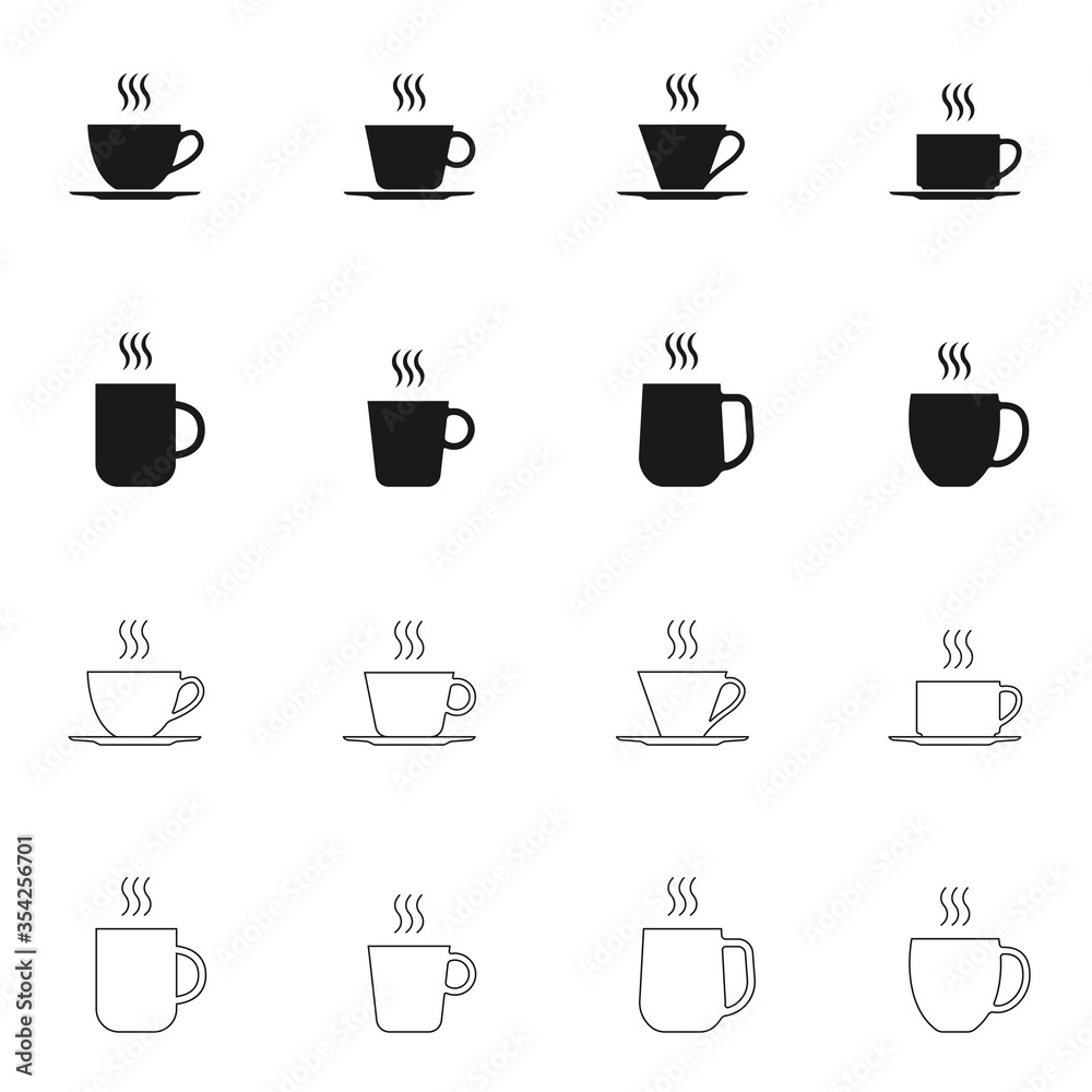 Coffee and tee cup icon set. Hot drink mug silhouettes with steam. Vector illustration. Coffee and tee cup icon set. Hot drink mug silhouettes with steam. Vector illustration.