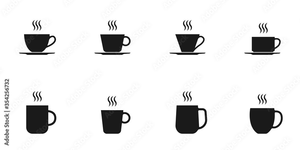 Coffee and tee cup icon set. Hot drink mug silhouettes with steam. Vector illustration.