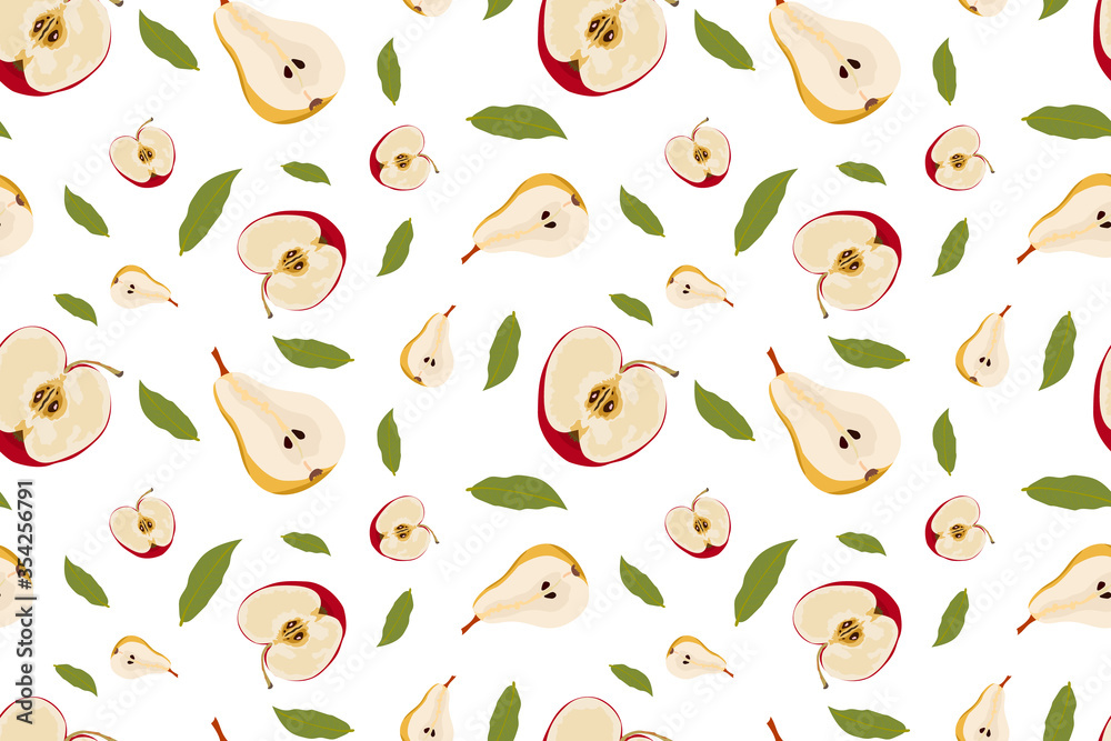 Vector seamless pattern with the image of halves of a red apple and pear, green leaf. Colorful design for print menus, recipes, cards, invitations, fabrics, wrapping paper.. Vector seamless pattern with the image of halves of a red apple and pear, green leaf. Colorful design for print menus, recipes, cards, invitations, fabrics, wrapping paper..
