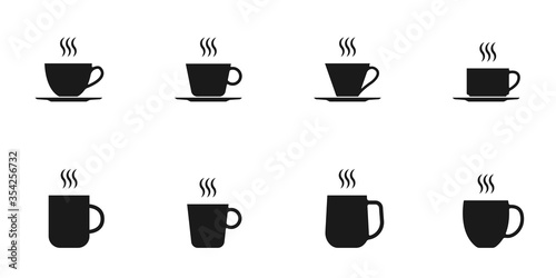 Coffee and tee cup icon set. Hot drink mug silhouettes with steam. Vector illustration.