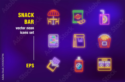 Snack bar neon signs set. Outdoor cafe, takeaway food, coffee to go, snack machine, package, fast food. Night bright advertising. Vector illustration in neon style for banners, posters, flyers design
