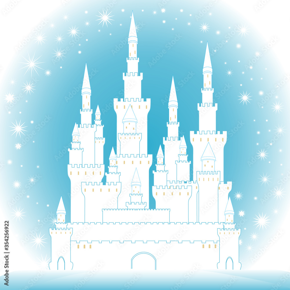 Merry Christmas colorful illustration with castle in frozen forest. Happy New Year vector background Merry Christmas colorful illustration with castle in frozen forest. Happy New Year vector background