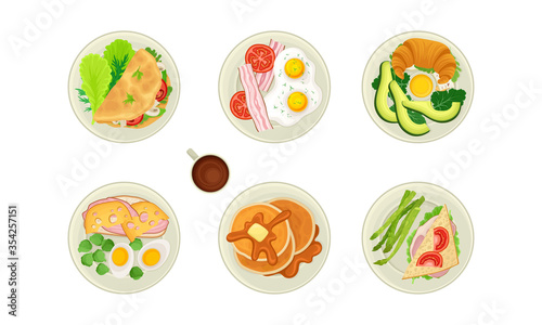 Food for Breakfast with Sandwich and Pancakes Rested on Plate Top View Vector Set