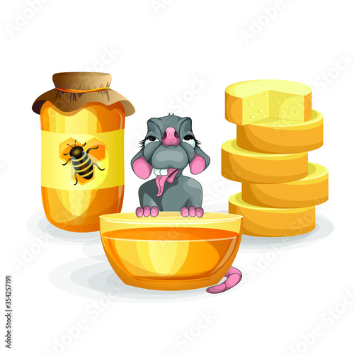 Vector image of a mouse sitting among cheese and honey products on a white background. Concept. EPS 10