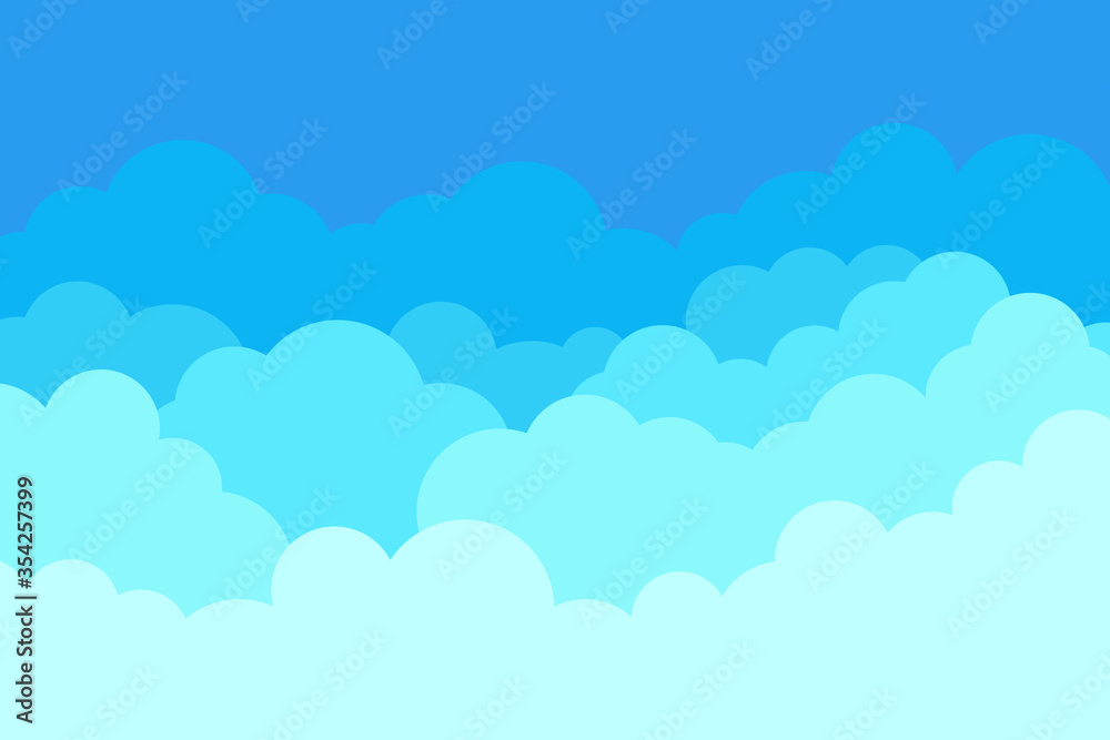 Cloud in sky. Pattern of blue heaven. Cloudy background. Cartoon cloud wallpaper. Abstract summer illustration. Cloudscape banner. Graphic morning texture. Design sky panorama with light. Vector.