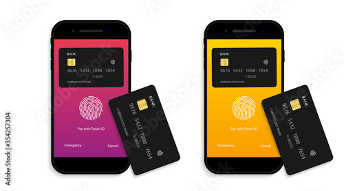 Payment for credit card from phone. Mobile nfc icon. Contactless pay from cellphone. Receive and processing online transfer. Mockup of smartphone with paywave, chip for wireless transaction.Vector
