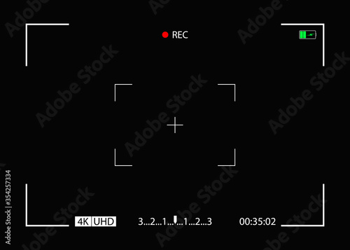 Camera frame. Video screen with rec, viewfinder. Background for record movie. Display with focus, time, battery for videography, surveillance. Template for photography, cinema. View from cam. Vector