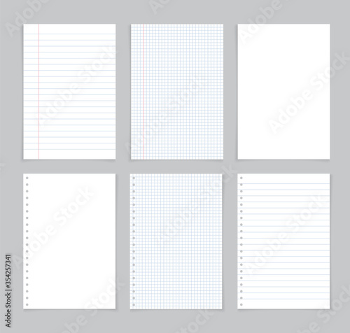 Paper sheet from notebook. White page from notepad with blue and red lines. Notepaper for note in school with grid. Blank letters isolated on gray background. Template for memos, list, diary. Vector