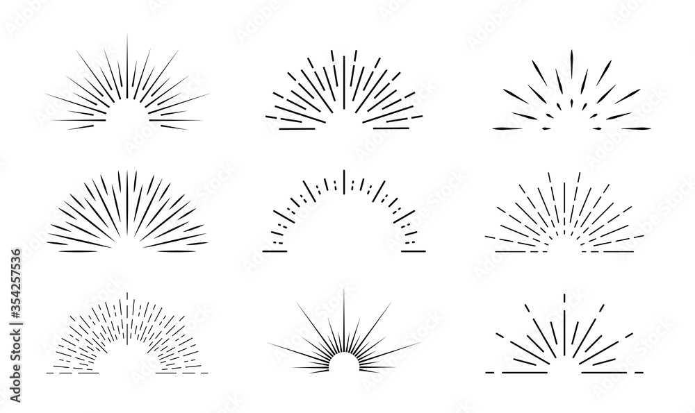 Sunburst icon. Sun burst with lines. Retro logo of half circle with radial rays. Graphic burst of sunshine light. Starburst with sunrise. Vintage elements and sparks for abstract design. Vector - obrazy, fototapety, plakaty 