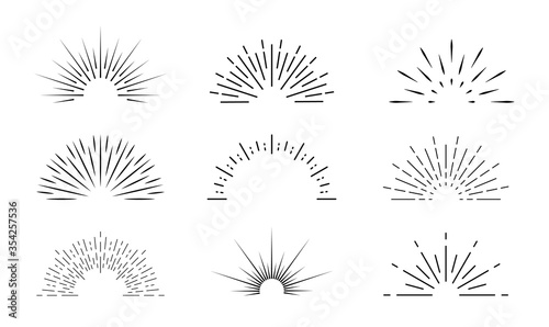 Sunburst icon. Sun burst with lines. Retro logo of half circle with radial rays. Graphic burst of sunshine light. Starburst with sunrise. Vintage elements and sparks for abstract design. Vector