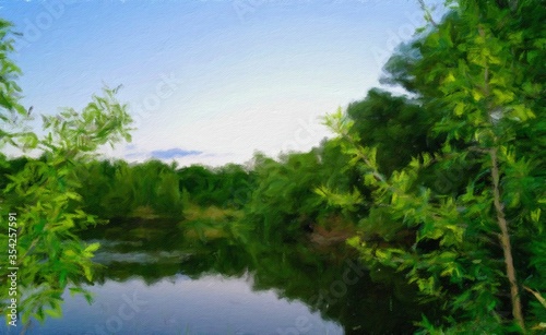 Oil paintings landscape  lake in the forest