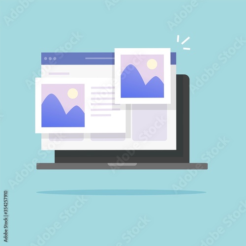 Photo album online with digital picture gallery watching on laptop computer or pc with internet web electronic photography images web files vector flat cartoon illustration