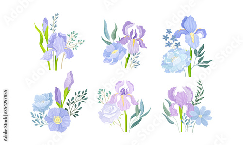 Floral Compositions with Purple Iris Flower and Flowering Twigs Vector Set