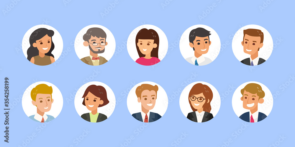 Business people avatar collection. Young adults man and woman faces,  Colorful user pic icons in circle shape. Flat design style cartoon  illustration isolated. Stock Vector | Adobe Stock
