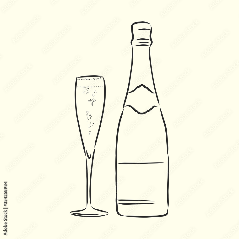 cartoon, hand drawn, vector, sketch, illustration of bottle of champagne and glasses of champagne. a bottle of champagne, vector sketch illustration cartoon, hand drawn, vector, sketch, illustration of bottle of champagne and glasses of champagne. a bottle of champagne, vector sketch illustration