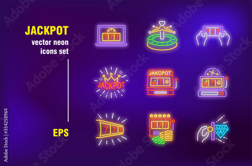 Jackpot neon signs set. Online casino symbols, slot machine, roulette, gambling, gain. Night bright advertising. Vector illustration in neon style for banners, signboards, signposts design