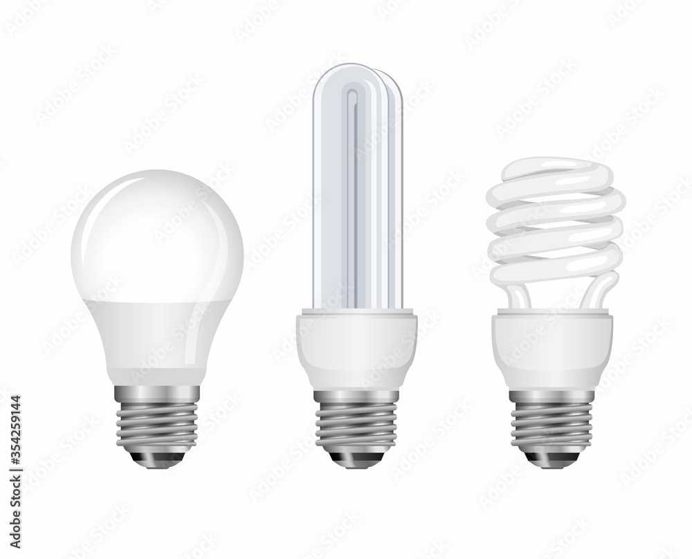 Neon bulb collection set. lightbulp, spiral lamp and smart lamp, energy saver. concept in realistic illustration vector in white background
