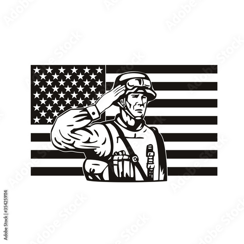 American Soldier Saluting Star Spangled Banner USA Flag