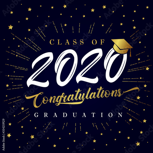 Class of 2020 graduation poster with golden star glitter confetti. Class of 20 & 20 congratulations graduate design with decoration gold beams for cards, invitations or banner
