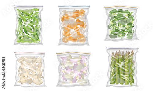 Chopped Frozen Vegetables and Greenery Stored in Plastic Packages Vector Set