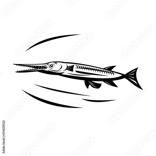 Needlefish or Long Tom Swimming Side View Retro Black and White