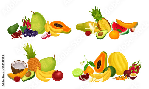 Fototapeta Naklejka Na Ścianę i Meble -  Exotic Fruits Composition with Pineapple and Papaya Vector Set
