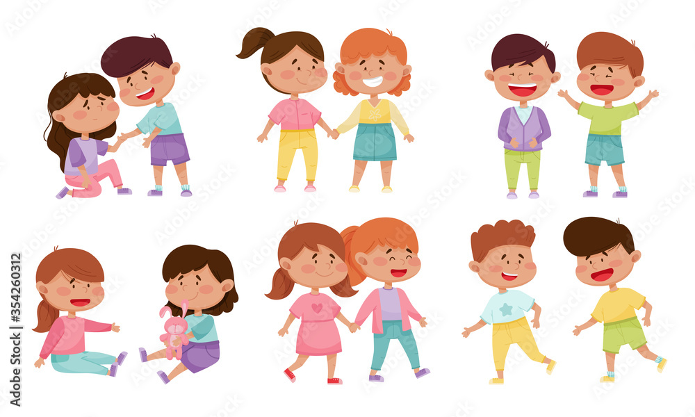 Friendly Little Kids Holding Hands and Cheering Up Each Other Vector Illustrations Set