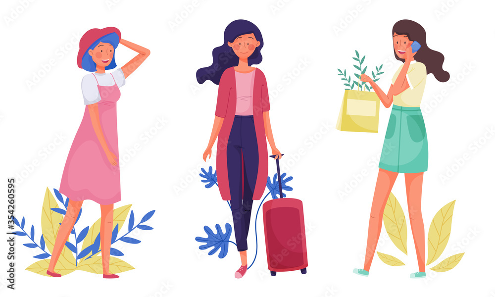 Young Woman Walking and Speaking by Phone with Floral Twigs and Branches Behind Vector Illustration Set Young Woman Walking and Speaking by Phone with Floral Twigs and Branches Behind Vector Illustration Set