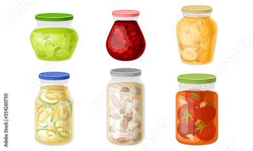 Glass Jars with Preserved Vegetables and Fruit Jam Vector Set