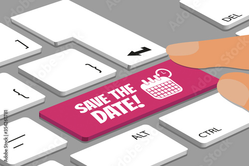 Keyboard With Magenta Color Save The Date Button - Computer Or Laptop With Fingers - Vector Illustration © FotoIdee