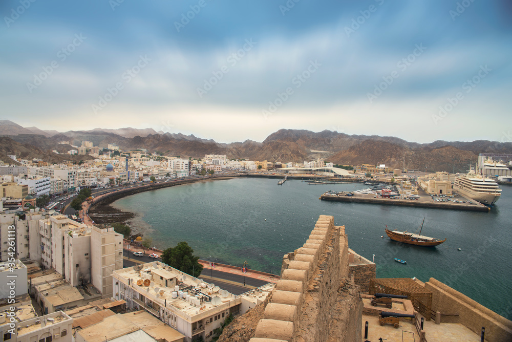 Landscape of Mutrah Corniche in Muscat, Oman. Very iconic and beautiful place in Oman. Famous tourist places of sultanate of Oman. Landscape of Mutrah Corniche in Muscat, Oman. Very iconic and beautiful place in Oman. Famous tourist places of sultanate of Oman.