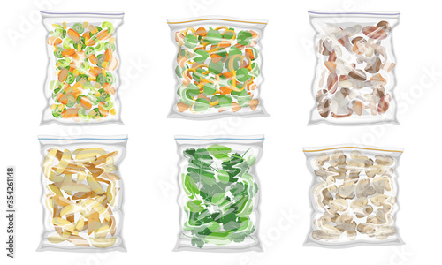 Chopped Frozen Vegetables and Greenery Stored in Plastic Packages Vector Set