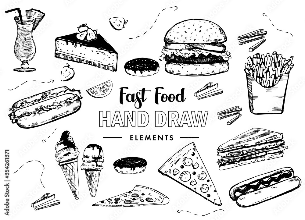 Fast food set. Hamburger, pizza, hotdog. Hand drawn illustrations