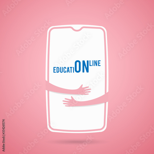 Love Online Education concept. Phone with hands hugs. Vector illustration