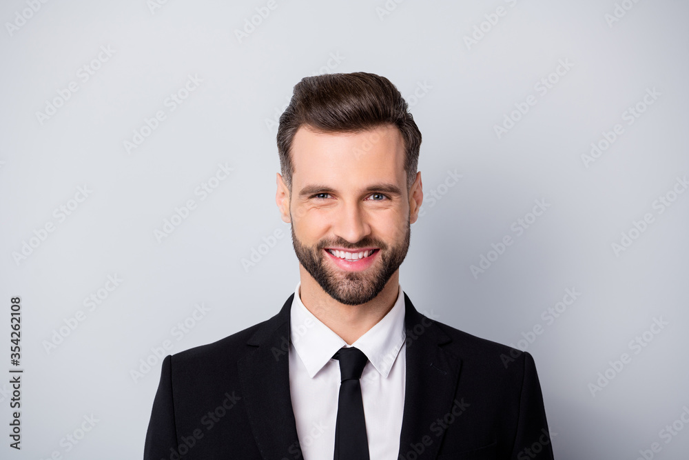 Portrait of independent start-up worker man enjoy his job smile stare ready get profit wear formalwear white shirt isolated over grey color background