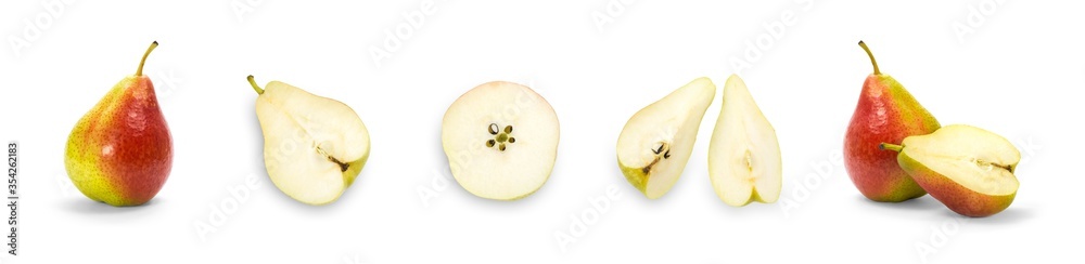 Set of sliced pears. Close up. Isolated on a white background Set of sliced pears. Close up. Isolated on a white background
