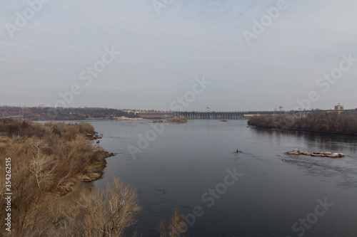 View of "DniproHES" on the Khortytsia island in Zaporizhzhia. Ukraine