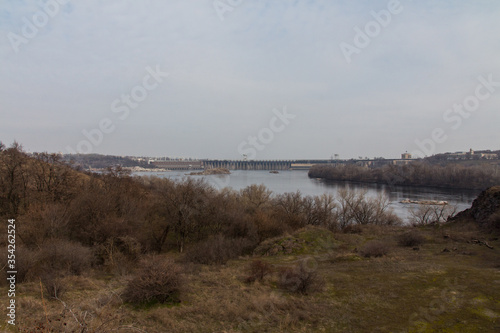 View of "DniproHES" on the Khortytsia island in Zaporizhzhia. Ukraine