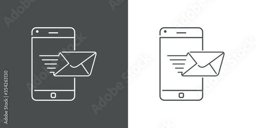 Icono plano lineal enviar correo en smartphone en fondo gris y fondo blanco