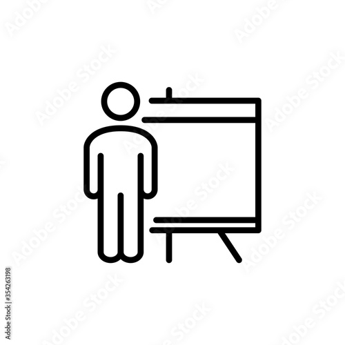 Símbolo curso de formación. Icono plano hombre con pizarron con público en color negro	