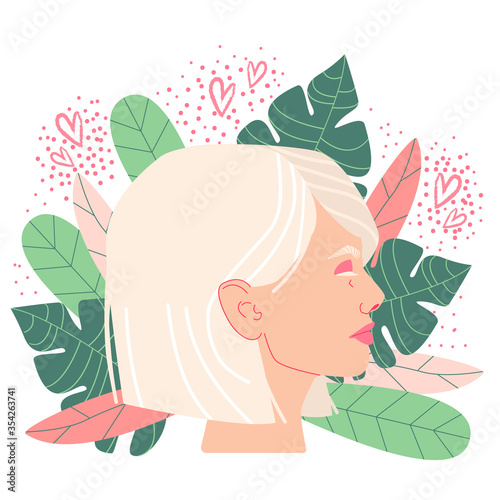 Pretty albino girl portrait,blond hair.Albinism.Genetic rare disorder.Self care,body positive concept.Self love and full acceptance.Tropical leaves.Soft colors Vector illustration isolated on white