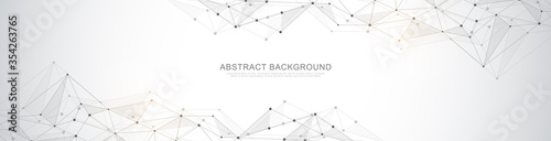Website header or banner design with abstract geometric background and connecting dots and lines. Global network connection. Digital technology with plexus background and space for your text.